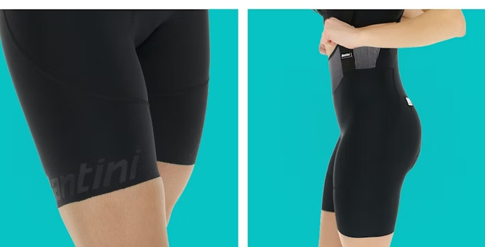ide and Close-up Views of Women's Black Cycling Bib Shorts on Teal Background